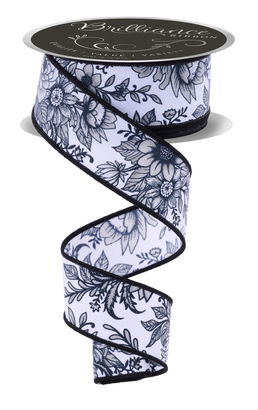 1.5"X10Yd Chinoiserie Florals White/Grey/Black LS3000X6 - DecoExchange®