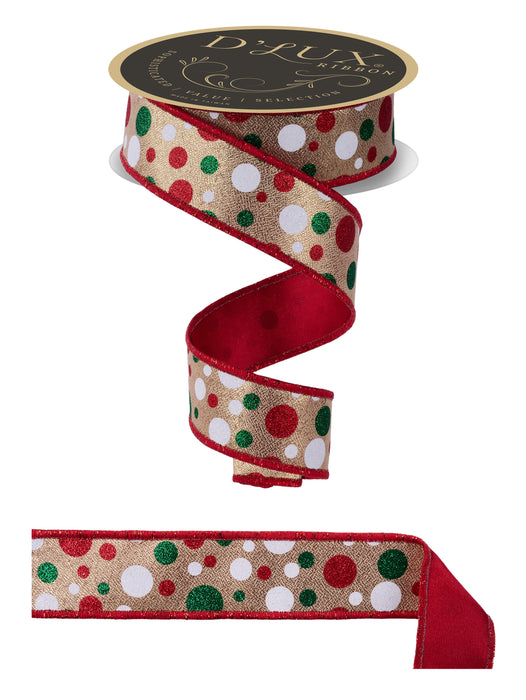 1.5"X10Yd Multi Polka Dot/Fused Gold/White/Red/Emerald LX318408 - DecoExchange®