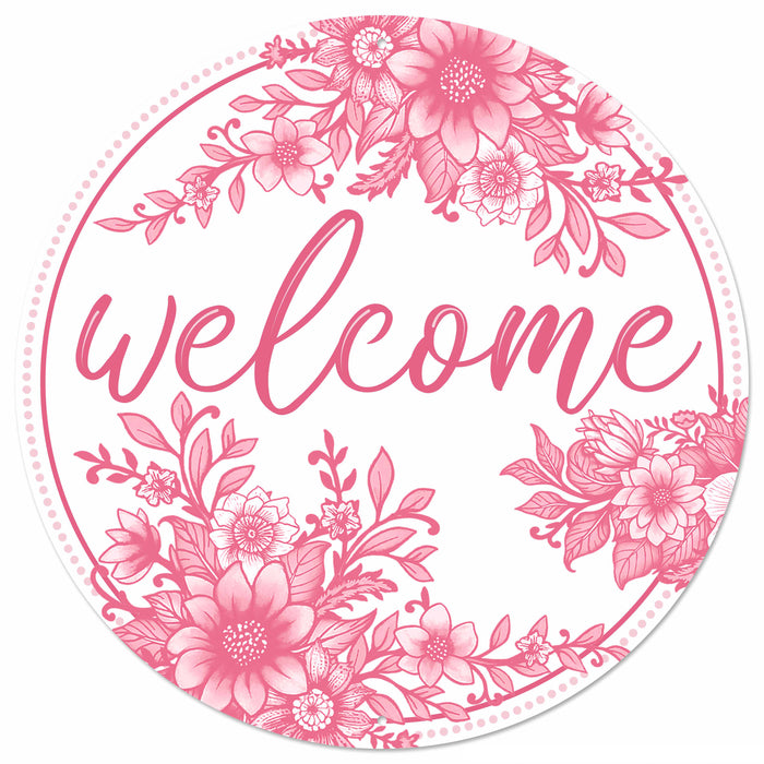 12"Dia Metal Chinoiserie Welcome Sign White/Pink MD173622