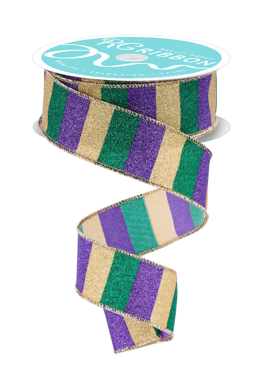 1.5"X10Yd Horizontal Glitter Stripes Mardi Gras RGF1618WY - DecoExchange®