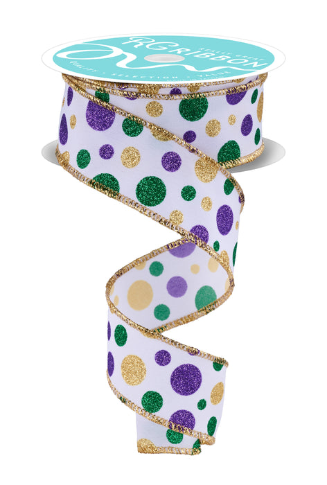 1.5"X10Yd Multi Polka Dot White/Mardi Gras RGF185527 - DecoExchange®
