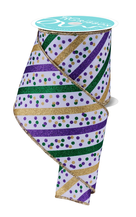 4"X10Yd Glitter Stripe W/Confetti Dots White/Mardi Gras RGF1994C6 - DecoExchange®