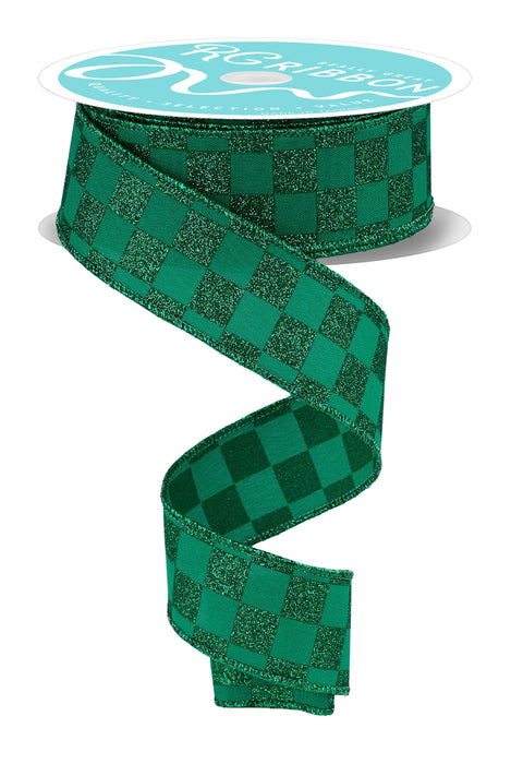 1.5"X10Yd Print Glitter Check Emerald Green RGH105906