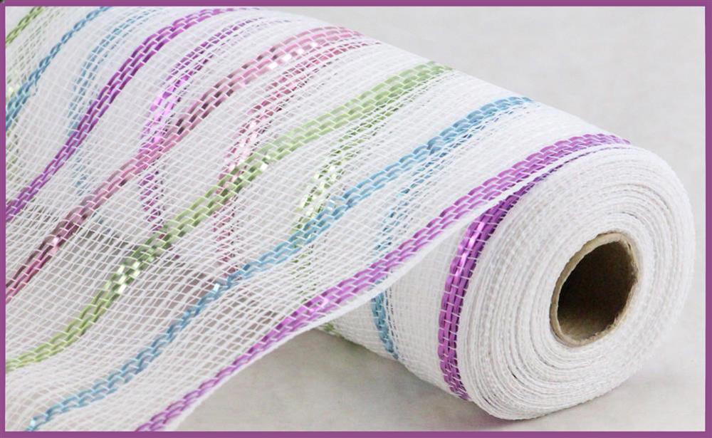 10.25"X10Yd Poly/Jute Matte Stripe Mesh Wht/Pink/Sage/Turq/Lav RY8031AX