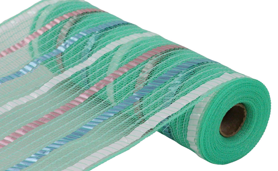10.5"X10Yd Xl Wide Foil/Faux Jute Mesh Mint/Wht/Lt Pink/Ice Blue RY8036FF