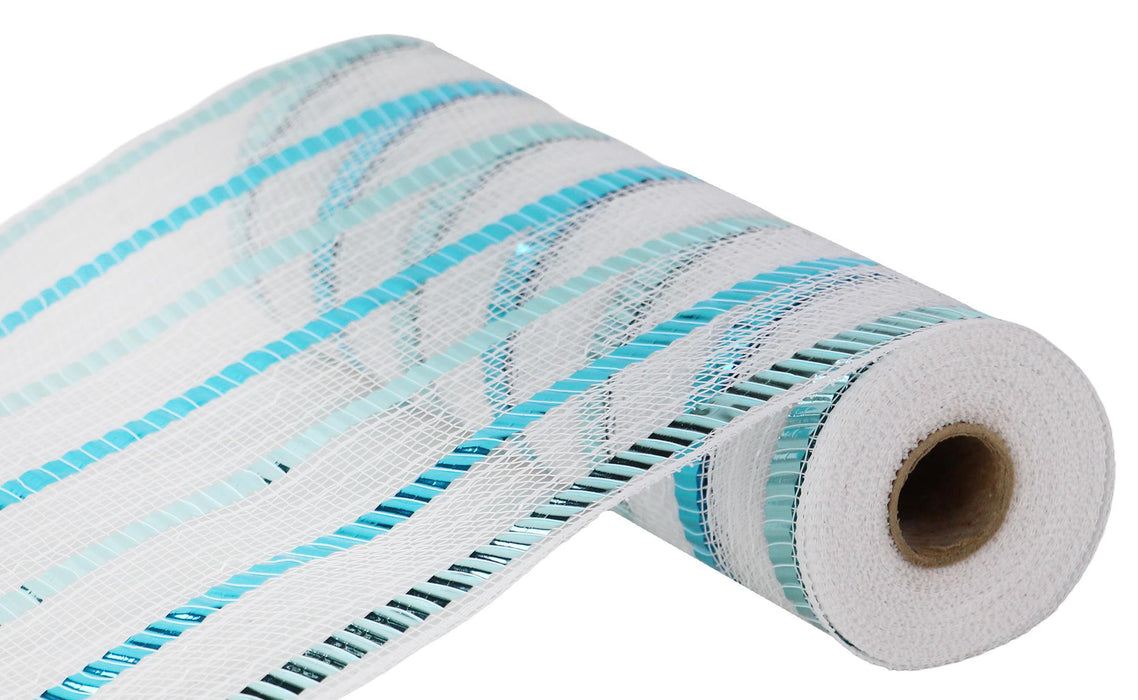 10.5"X10Yd Xl Wide Foil Stripe Mesh White/Ice Blue/Turquoise RY8514EX