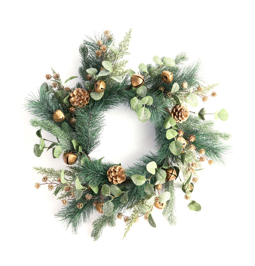 24"Dia Iced Pine/Glttr Leaf/Bell Wreath Gold/Green XX8729 - DecoExchange®