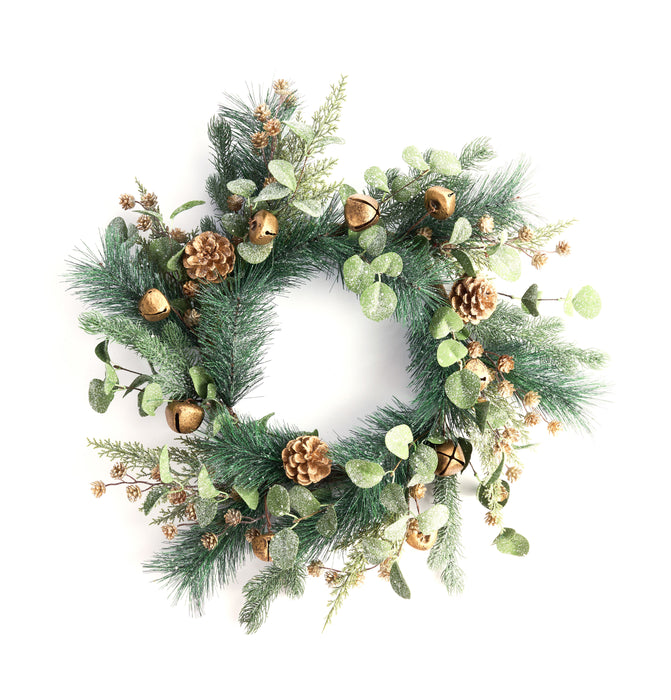 24"Dia Iced Pine/Glttr Leaf/Bell Wreath Gold/Green XX8729 - DecoExchange®