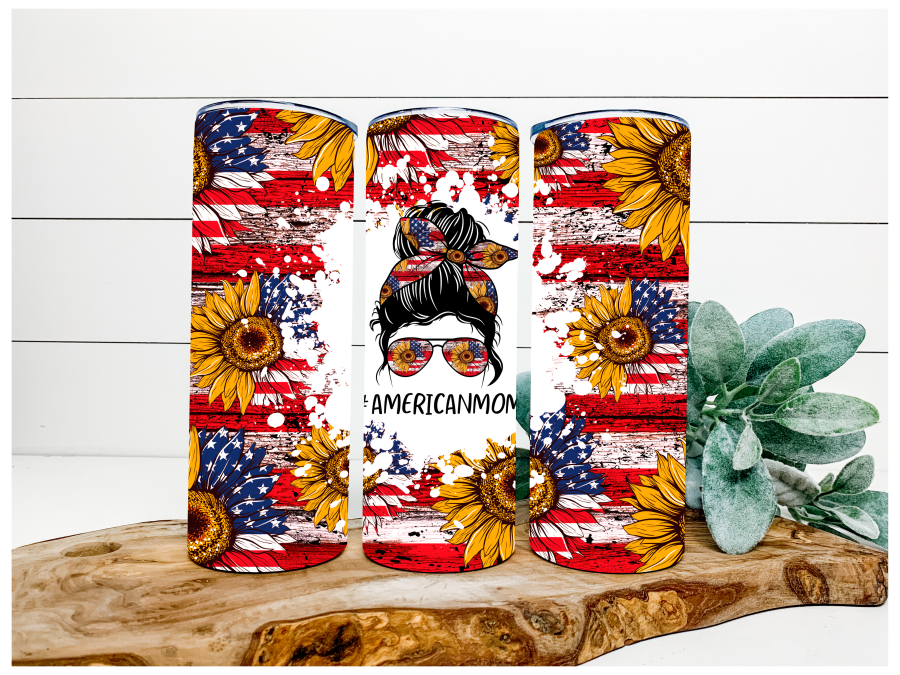 American Mom Sunflower Patriotic Tumbler, 20 oz Skinny Tumbler DECOETUMBLER-129 - DecoExchange