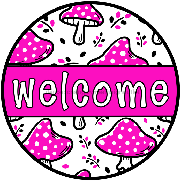 Beauty Pink Mushroom Door Hanger, Welcome Door Hanger, DCO-01309-DH, 18" Round Wood Door Hanger - DecoExchange®