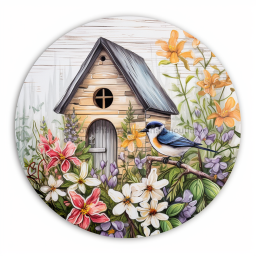 Bird House Sign Spring Dco-00876 For Wreath 10 Round Metal