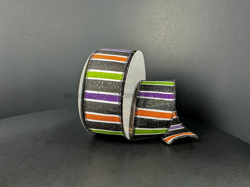 Black Glitter Satin/Purple-Lime-Orange-White Horizontal Stripes 1.5’’X10Y 51510-09-21 Ribbon