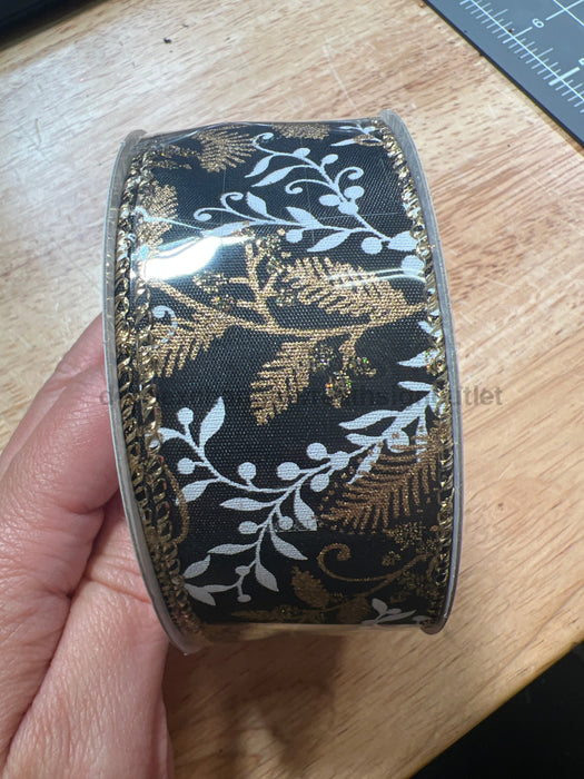 Blk Stn/Wht-Gld Vines-Berries 1.5’’X10Y 73517-09-21 Ribbon