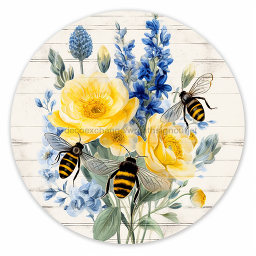 Blue And Yellow Floral Sign Dco-00897 For Wreath 10 Round Metal