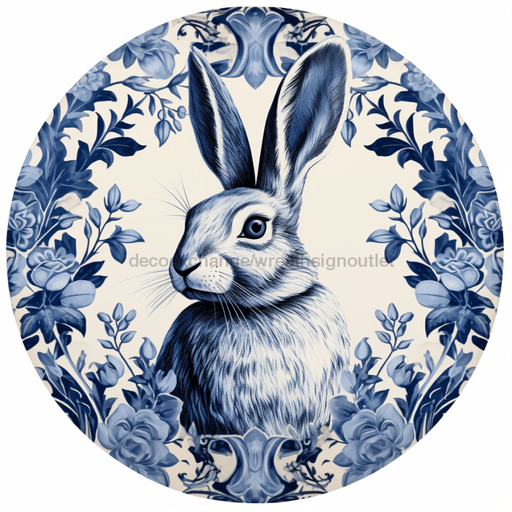 Blue Floral Easter Sign Rabbit Dco-00845 For Wreath 10 Round Metal