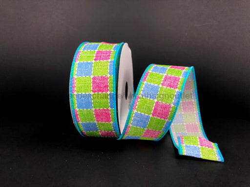 Blue Pink And Green Plaid Printed Linen Ribbon 1.5 Inches X 10 Yards 41327-09-45