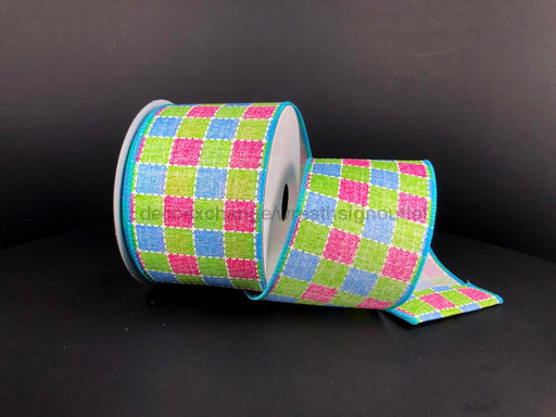 Blue Pink And Green Plaid Printed Linen Ribbon 2.5 Inches X 10 Yards 41327-40-45