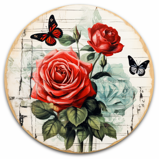 Butterfly Sign Red Rose Dco-00882 For Wreath 10 Round Metal