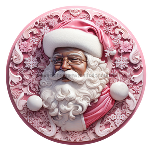 Christmas Door Hanger, Pink Santa, DECOE-4661, Sign For Wreath, 18" Wood Round - DecoExchange®