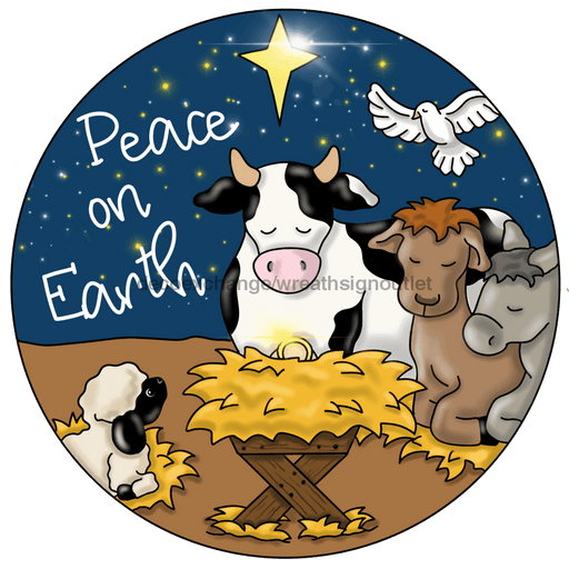 Christmas Sign Peace On Earth Nativity Religious Wood Sign Pcd-053-Dh 18 Door Hanger Wood Round