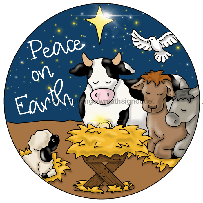 Christmas Sign Peace On Earth Nativity Religious Wood Sign Pcd-053-Dh 18 Door Hanger Wood Round