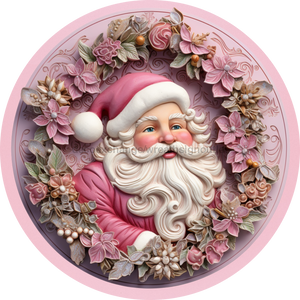 Christmas Sign, Pink Santa, DECOE-4631, Sign For Wreath, 10" Round Metal Sign - DecoExchange®