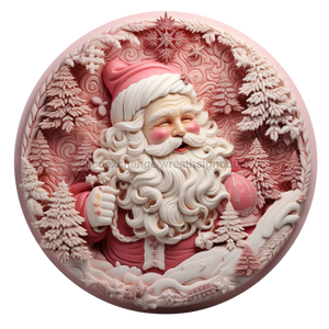 Christmas Sign, Pink Santa, DECOE-4656, Sign For Wreath, 10" Round Metal Sign - DecoExchange®
