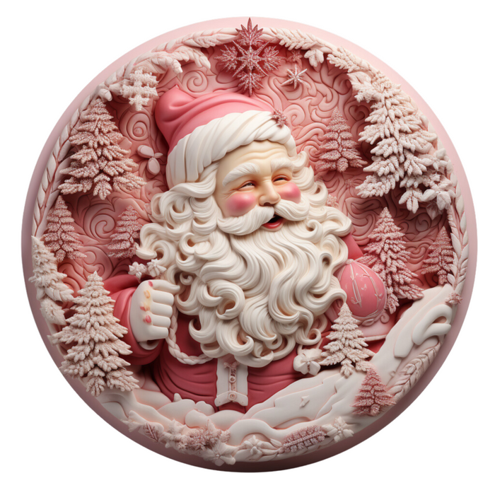 Christmas Sign, Pink Santa, DECOE-4656, Sign For Wreath, 10" Round Metal Sign - DecoExchange®