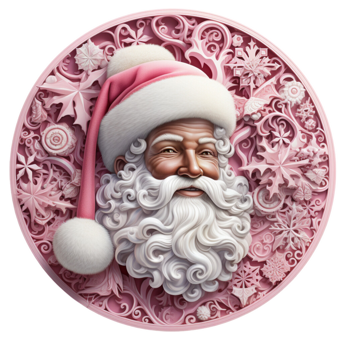 Christmas Sign, Pink Santa, DECOE-4659, Sign For Wreath, 10" Round Metal Sign - DecoExchange®