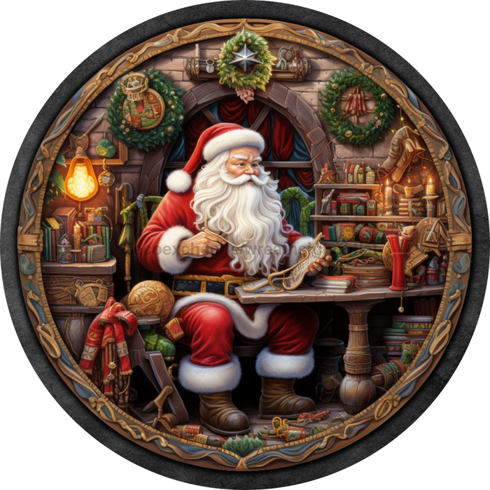 Christmas Sign, Traditional Santa, DECOE-4633, Sign For Wreath, 10" Round Metal Sign - DecoExchange®