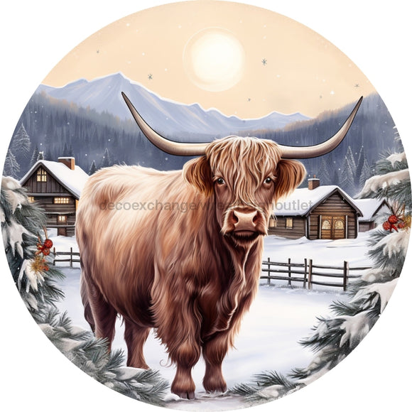 Christmas Sign Winter Highland Cow Dco-00586 For Wreath 10 Round Metal