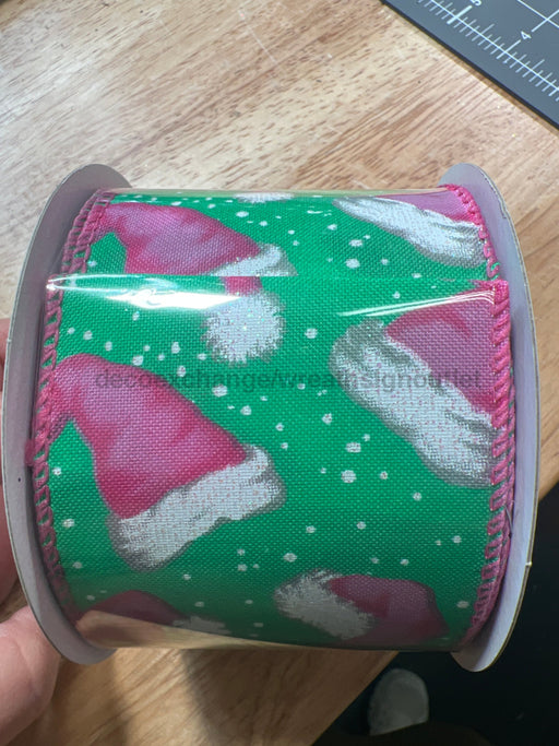 Dk Mint Stn/Pnk Santa Hats In Snow 2.5’’X10Y 72501-40-06 Ribbon