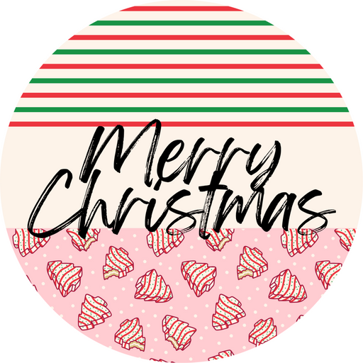 Door Hanger, Christmas Sign, Pink Stripe Christmas Cake Sign, Welcome Sign, 18" Wood Sign, Round Sign, DecoExchange - DecoExchange®