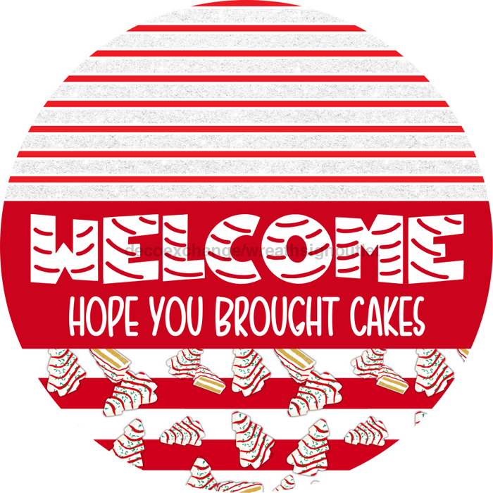 Door Hanger, Christmas Sign, Red White Christmas Cake Sign, Welcome Sign, 18" Wood Sign, Round Sign, DecoExchange - DecoExchange®