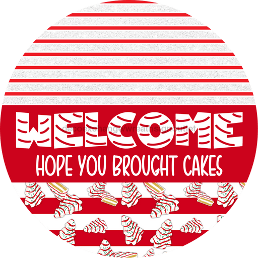 Door Hanger, Christmas Sign, Red White Christmas Cake Sign, Welcome Sign, 18" Wood Sign, Round Sign, DecoExchange - DecoExchange®