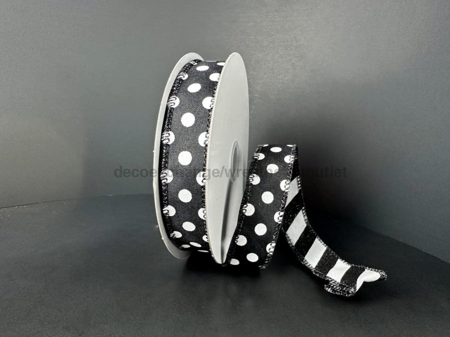 Dbl Sided Blk Stn-Wht Dots/Blk-Wht Glt Cndy Cn Strp 7/8’’X10Y D73582-05-20 Ribbon