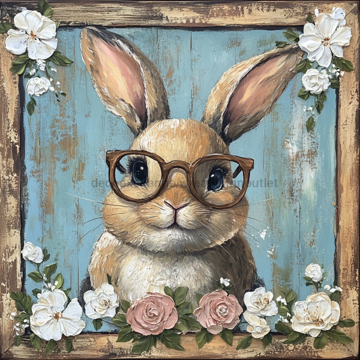 Easter Sign, Bunny in Glasses,, DCO-12659, Sign For Wreath, 10x10" Metal Sign