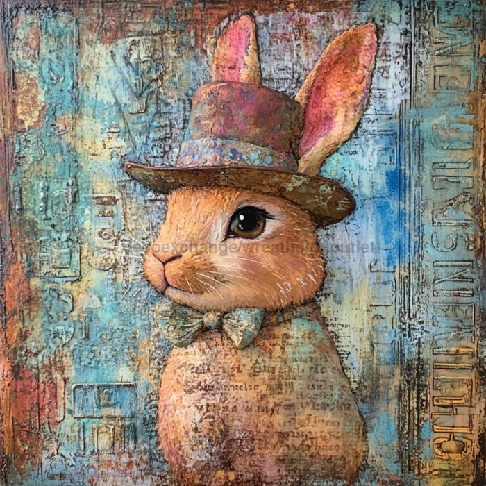 Easter Sign, Bunny in Hat,, DCO-12689, Sign For Wreath, 10x10" Metal Sign