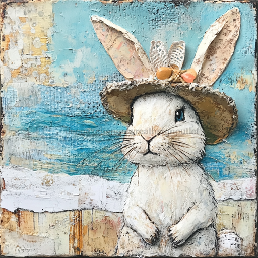 Easter Sign, Bunny in Hat,, DCO-12704, Sign For Wreath, 10x10" Metal Sign