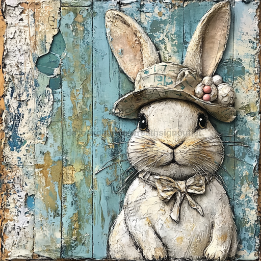 Easter Sign, Bunny in Hat,, DCO-12725, Sign For Wreath, 10x10" Metal Sign