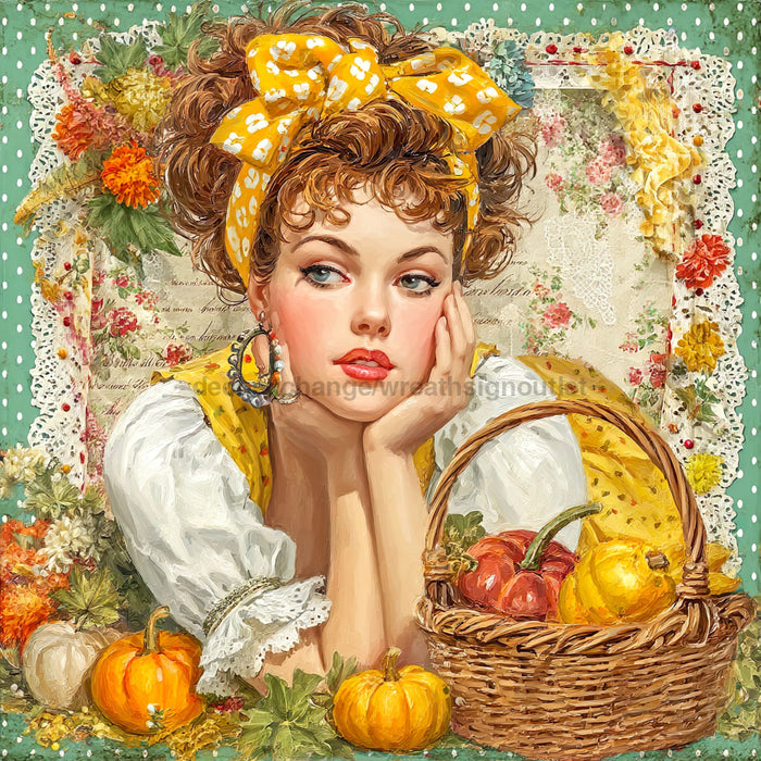 Fall Pin up Girl Sign, DCO-102046, Sign For Wreath, 10x10in Metal Sign