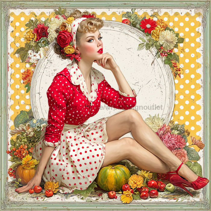 Fall Pin up Girl Sign, DCO-102047, Sign For Wreath, 10x10in Metal Sign