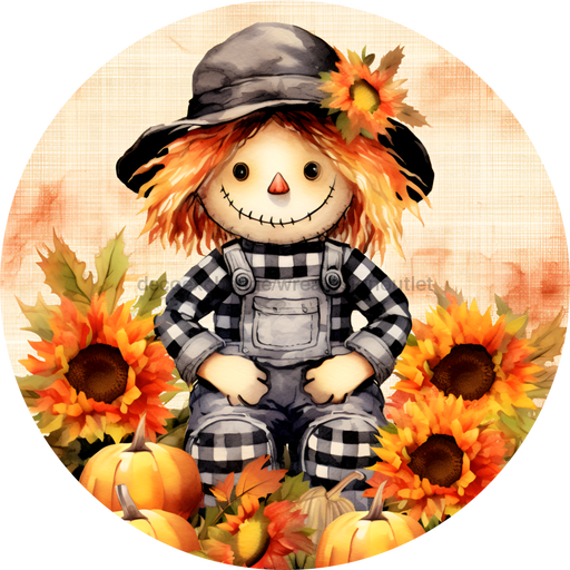 Fall Sign Cute Scare Crow Decoe-4671 For Wreath 10 Round Metal