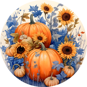 Fall Sign, Pumpkin Sign, Blue Fall Sign, DECOE-4634, Sign For Wreath, 10" Round Metal Sign - DecoExchange®
