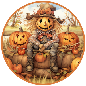 Fall Sign, Scarecrow Sign, DCO-00496, Sign For Wreath, 10" Round Metal Sign - DecoExchange®