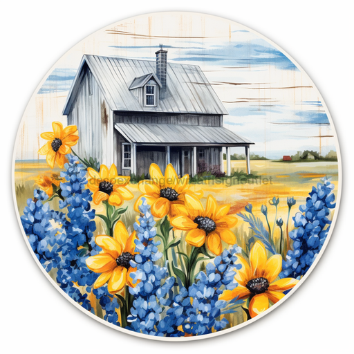 Floral Sign Blue Bonnets And Sunflowers Dco-00860 For Wreath 10 Round Metal