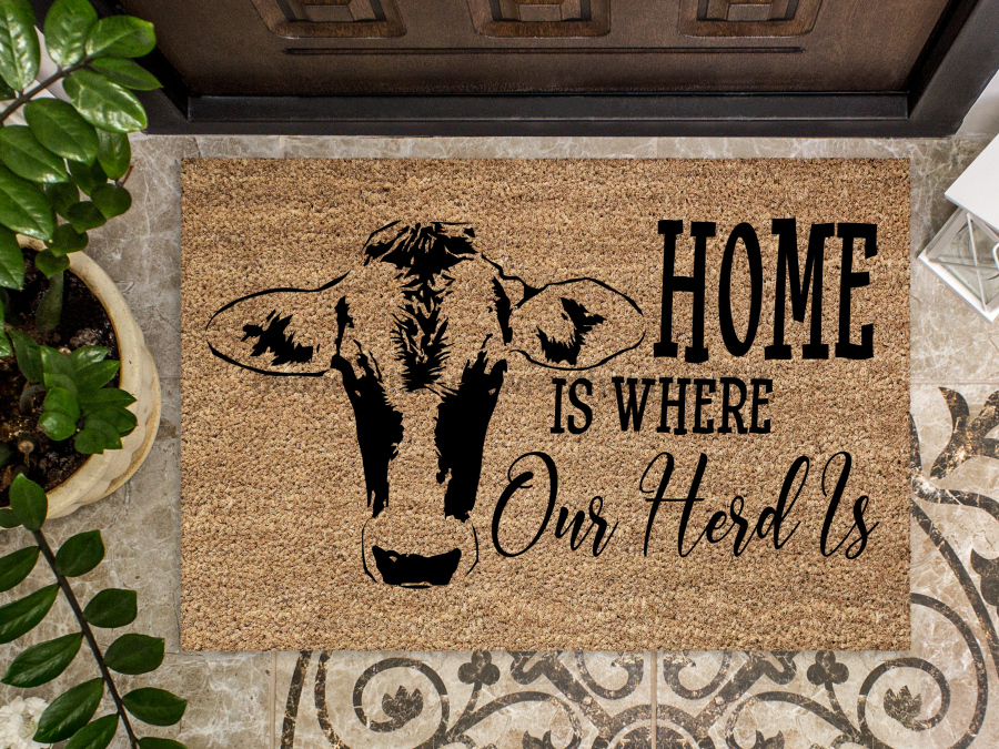 Funny Doormat, Coir Doormat, Welcome Mat, Housewarming Gift, Home is Where Our Herd Is Doormat, Front Door Doormat, Cow Doormat, New Homeowner Gift DECOE-CM-135 - DecoExchange®