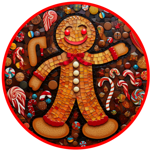 Gingerbread Sign, Christmas Sign, DCO-00503, Sign For Wreath, 10" Round Metal Sign - DecoExchange®