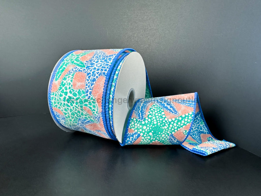 Glittered Coral/Bl Starfish 2.5’’X10Y 72533-40-46 Ribbon