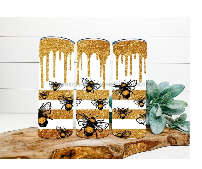 Gold and White Striped Tumbler, Bees and Honey Tumbler 20 oz Skinny Tumbler DECOETUMBLER-222 - DecoExchange®